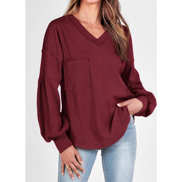 Burgundy V-Neck Oversized Sweater - Picture 5 of 11
